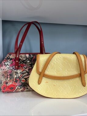 Louis Vuitton Yellow Vernis Shoulder Bag with Red Floral Tote